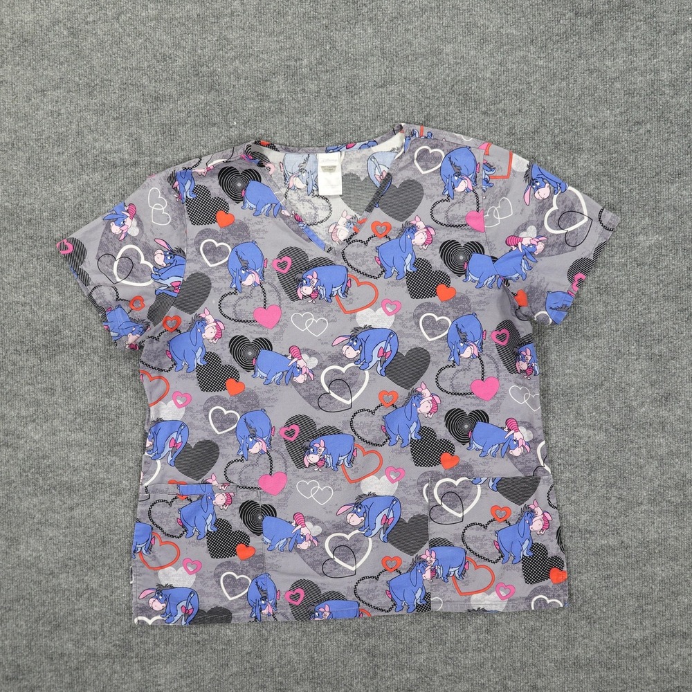 Disney Eeyore Scrub Top Womens Large Gray Hearts V Neck Pockets Nursing Medical